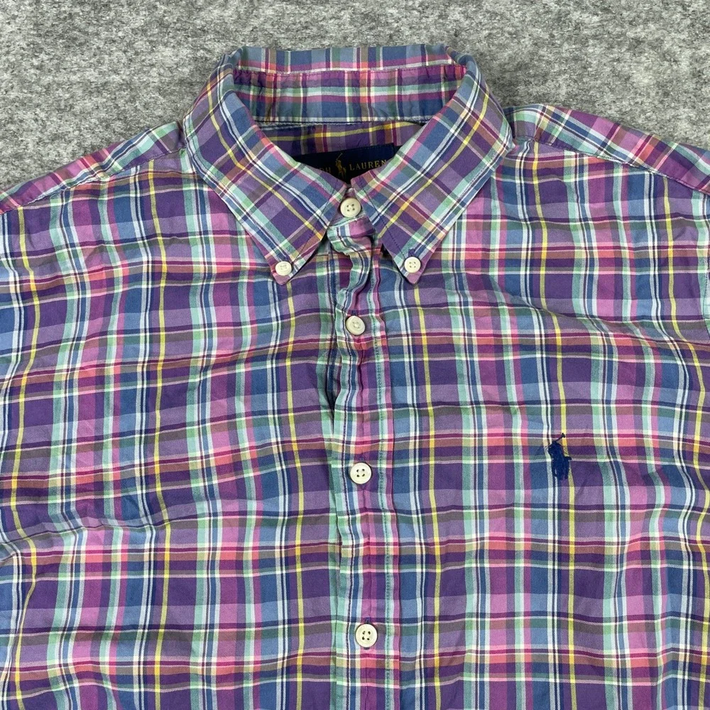 Ralph Lauren Button Down Shirt Mens L Purple Plaid Long Sleeve Pony Classic Fit